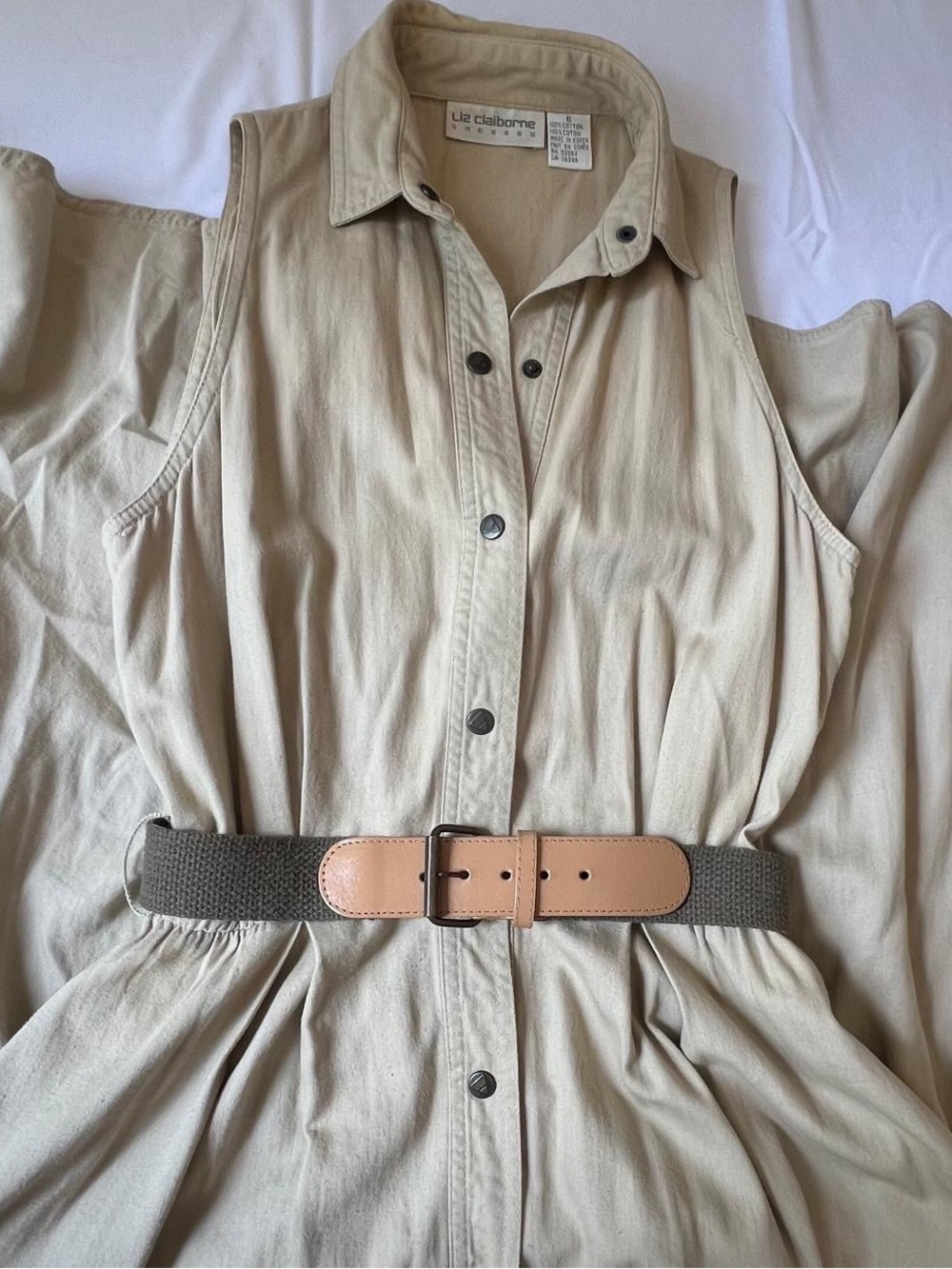 Liz Claiborne Beige Button-Front Sleeveless Dress with Olive Belt